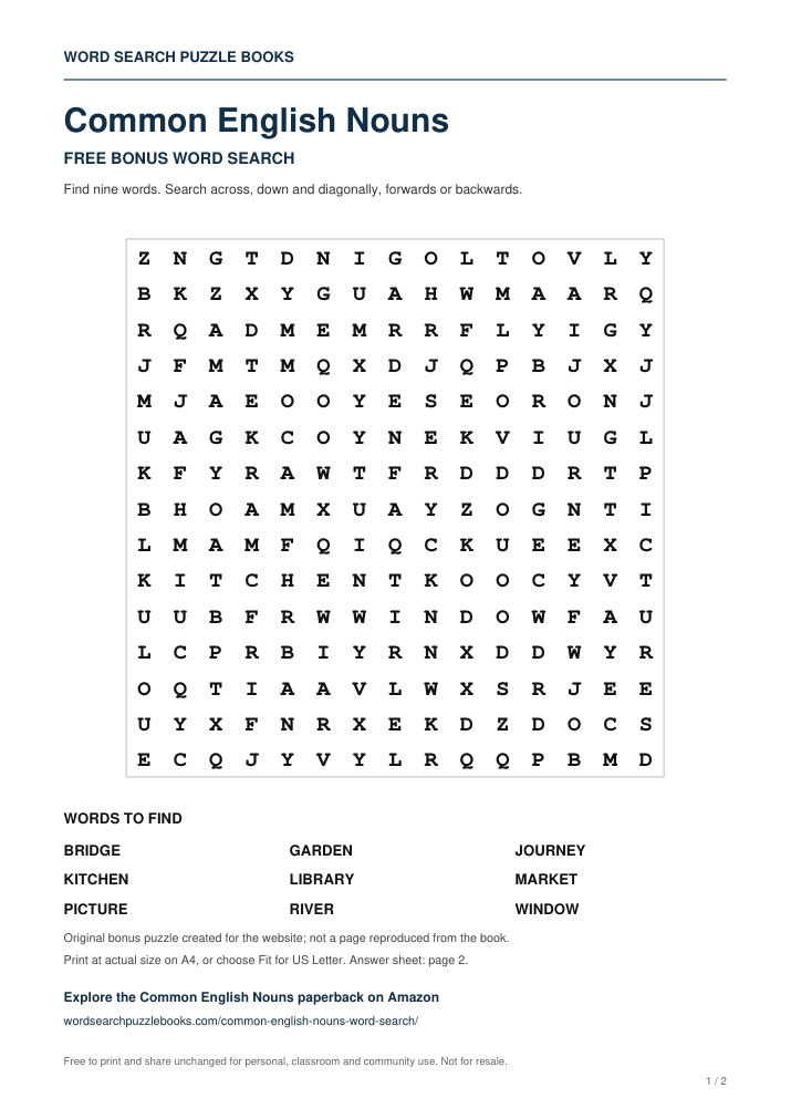 Preview of the free Common English Nouns word search puzzle