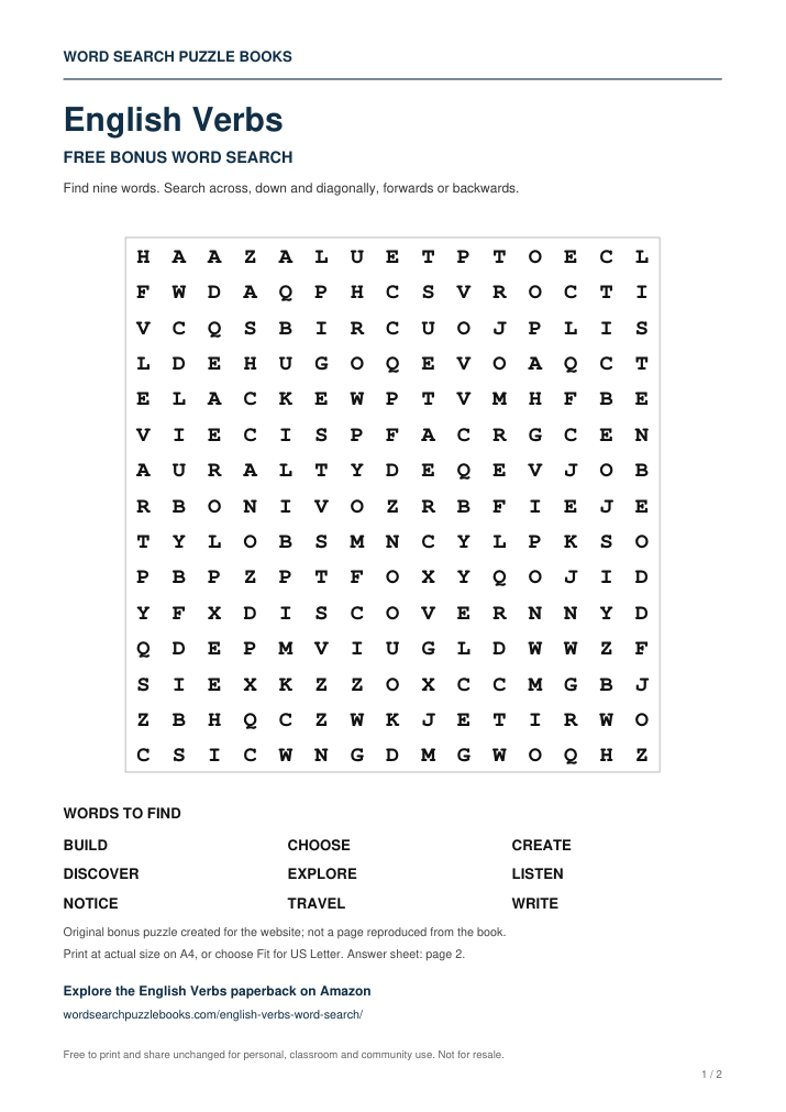 Preview of the free English Verbs word search puzzle