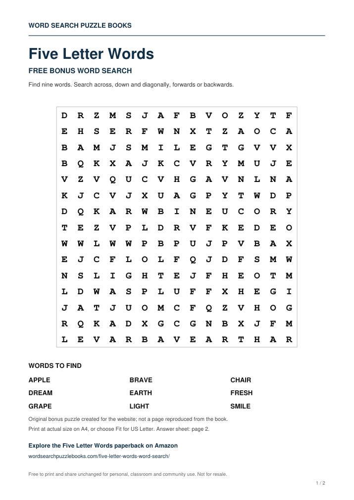 Preview of the free Five Letter Words word search puzzle