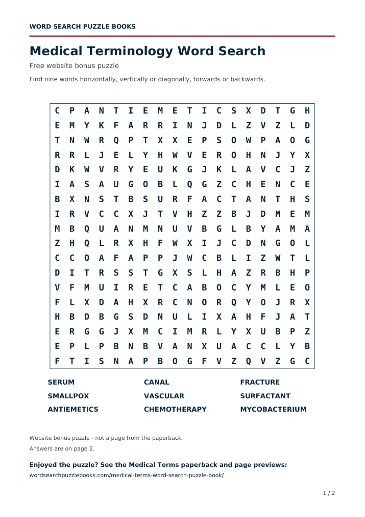 Preview of the free Medical Terminology word search puzzle